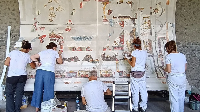 Pompeii unveils reconstructed frescoed banquet hall ceiling, as restoration continues