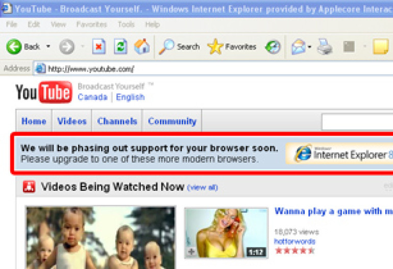 YouTube откажется от поддержки Internet Explorer 6 