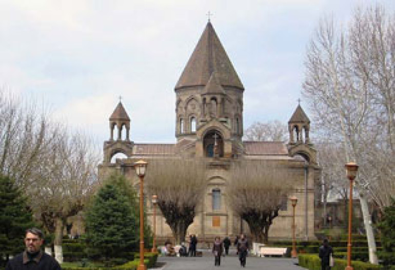  Vazgen I's bust installed outside Mother See of Holly Etchmiadzin: Hraparak  