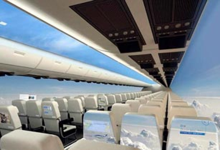 New windowless plane beams in panoramic views, allows passengers to surf internet on full-length screens fitted to cabin walls