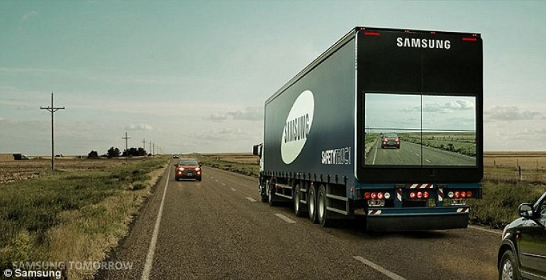 Samsung's new transparent 'Safety Trucks' allow drivers to see what is coming up ahead and know when it is safe to pass