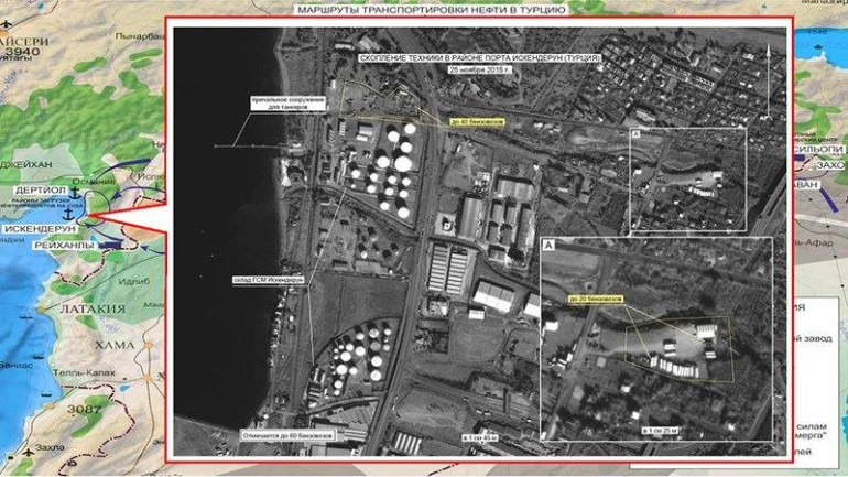 Минобороны России показало фотографии скоплений бензовозов ИГ в портах Турции