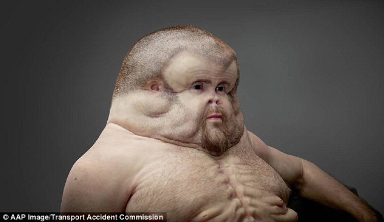 Sculptor creates 'super human' with massive head, extra nipples and no neck to launch road safety campaign