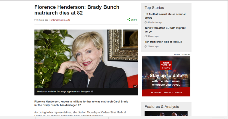 Brady Bunch star Florence Henderson dies at 82