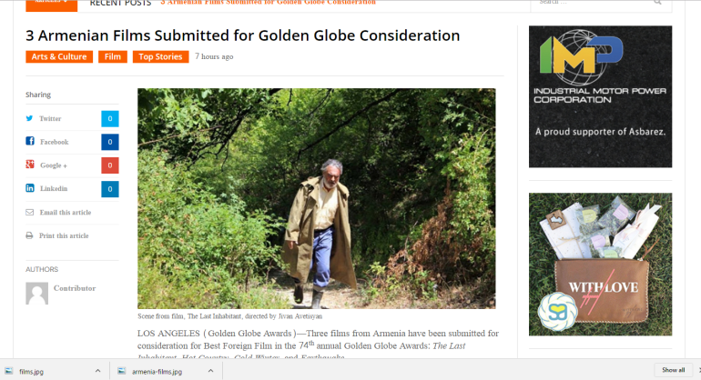 Three Armenian films submitted for Golden Globe award

 
