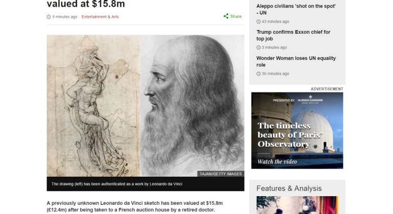 Unknown da Vinci sketch valued at $15.8m