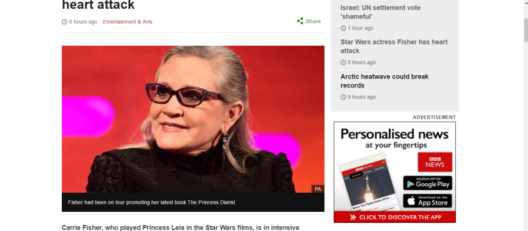 Star Wars actress Carrie Fisher suffers heart attack