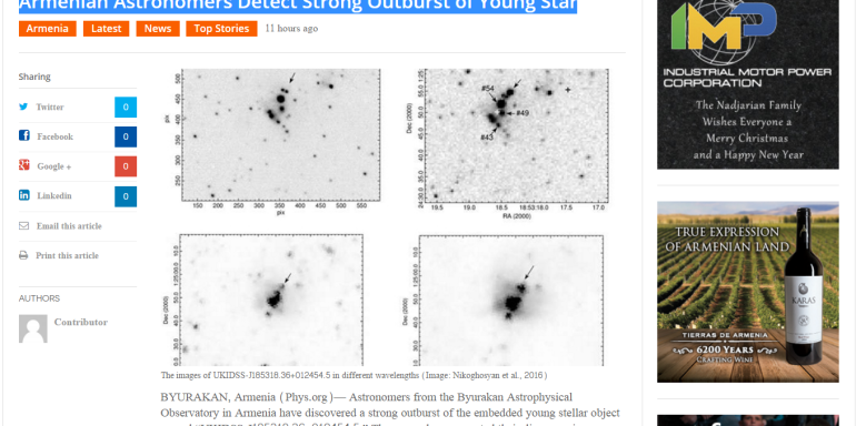 Armenian astronomers detect strong outburst of young star