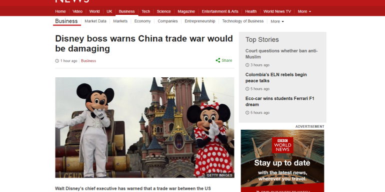 Disney boss warns of China trade war would threats