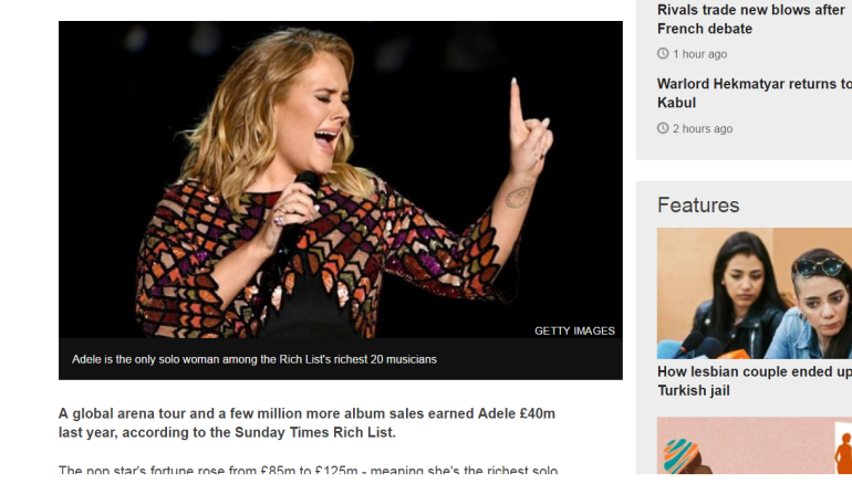 Adele earned £40m in 2016, says Sunday Times Rich List