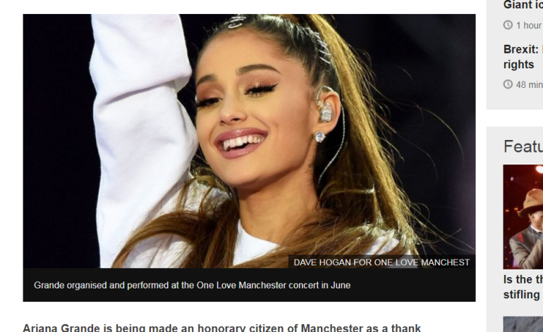 Ariana Grande named honorary citizen of Manchester