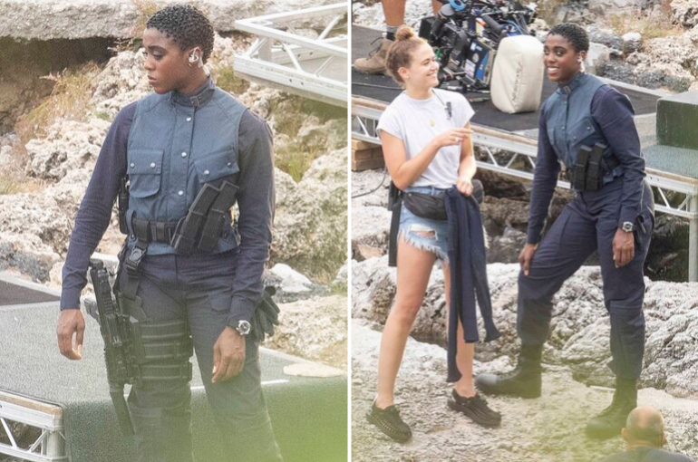 The black woman who will be the next 007: Bond star Lashana Lynch looks fierce as she is pictured for the first time on the No Time To Die set in Italy

 