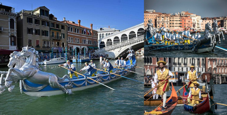 Hundreds enjoy colourful splendour of Venice's Historical Regatta as costumed Gondoliers race up the Grand Canal