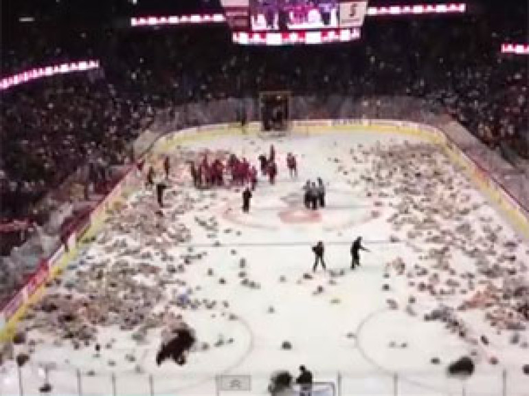 Hockey fans throw teddy bears to the icefield