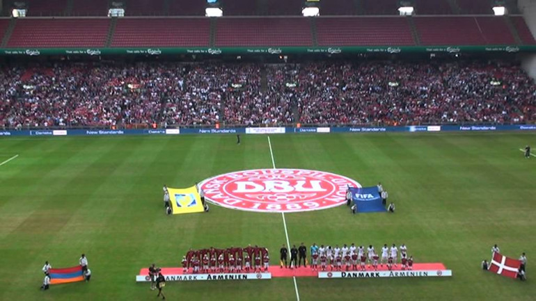 Denmark-Armenia: Teams Standing in Line Listening to National Anthems